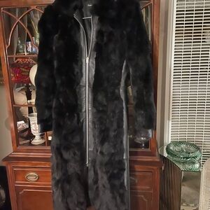 Vintage Bebe long black rabbit fur and genuine leather trench coat